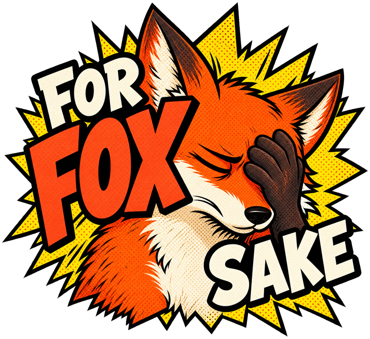 Facepalming orange fox with For Fox Sake lettering in a comic burst.