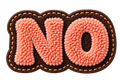 Peach NO chenille-style lettering on a brown patch.