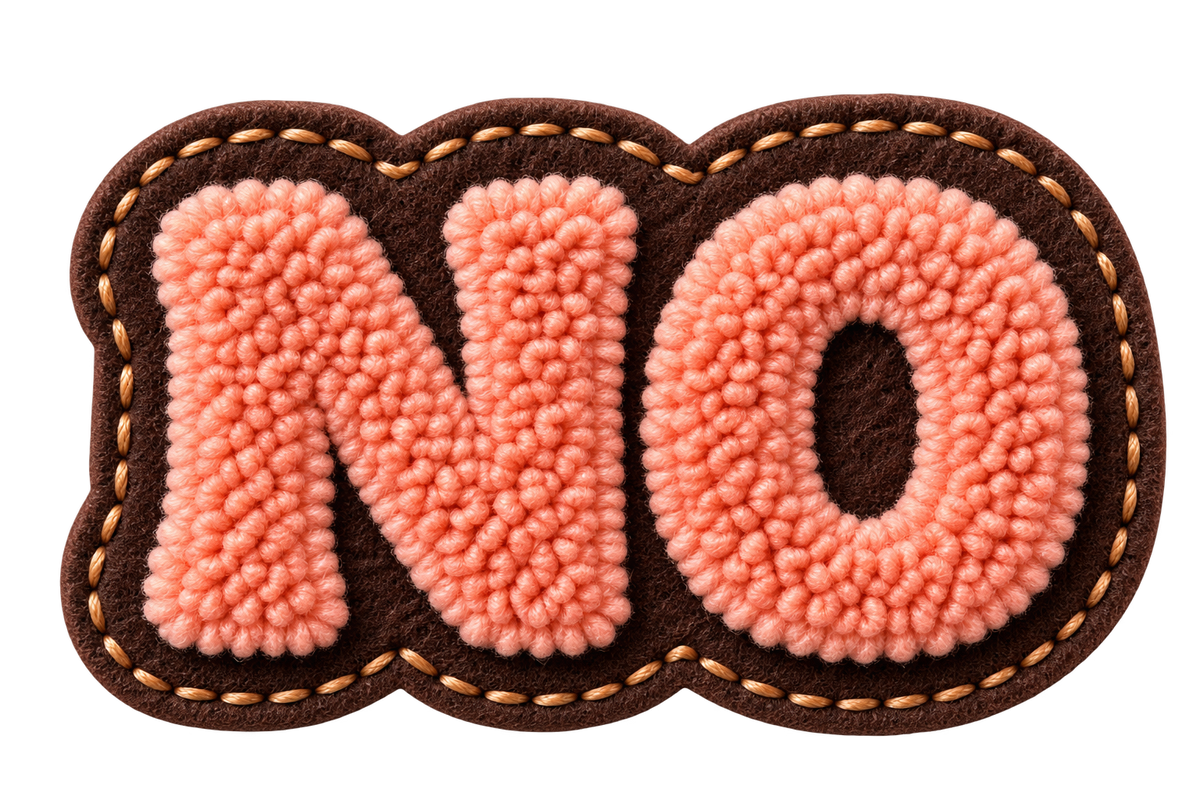 Peach NO chenille-style lettering on a brown patch.