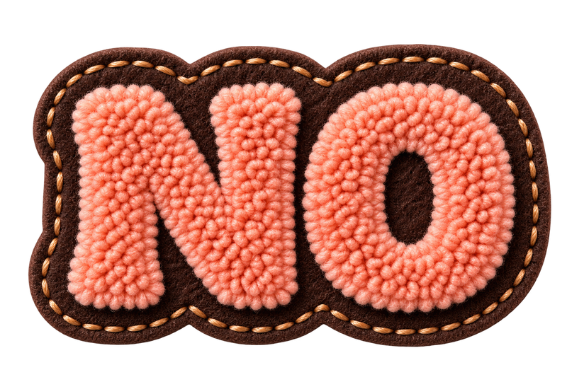 Peach NO chenille-style lettering on a brown patch.