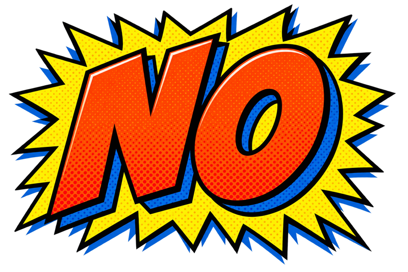 Red NO lettering with a yellow and blue comic burst.