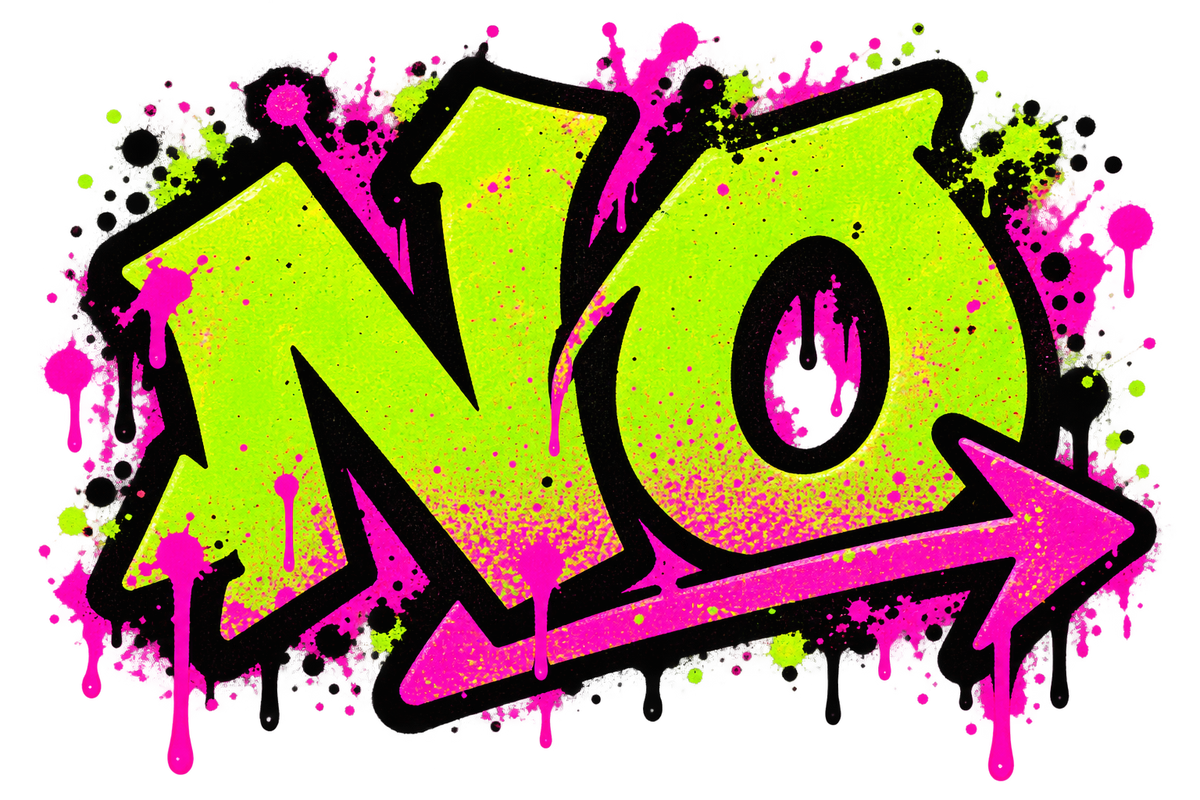 Lime green NO graffiti with pink paint splashes and an arrow.