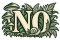 Cream NO letters surrounded by green ferns, mushrooms and a snail.