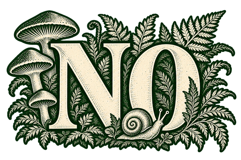 Cream NO letters surrounded by green ferns, mushrooms and a snail.