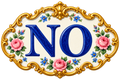 Blue NO lettering inside a floral porcelain-style plaque with gold scrollwork.