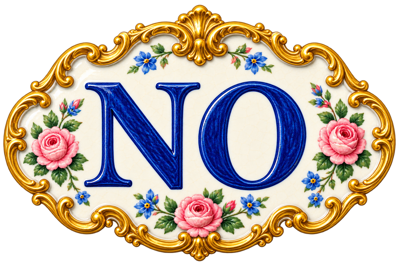 Blue NO lettering inside a floral porcelain-style plaque with gold scrollwork.