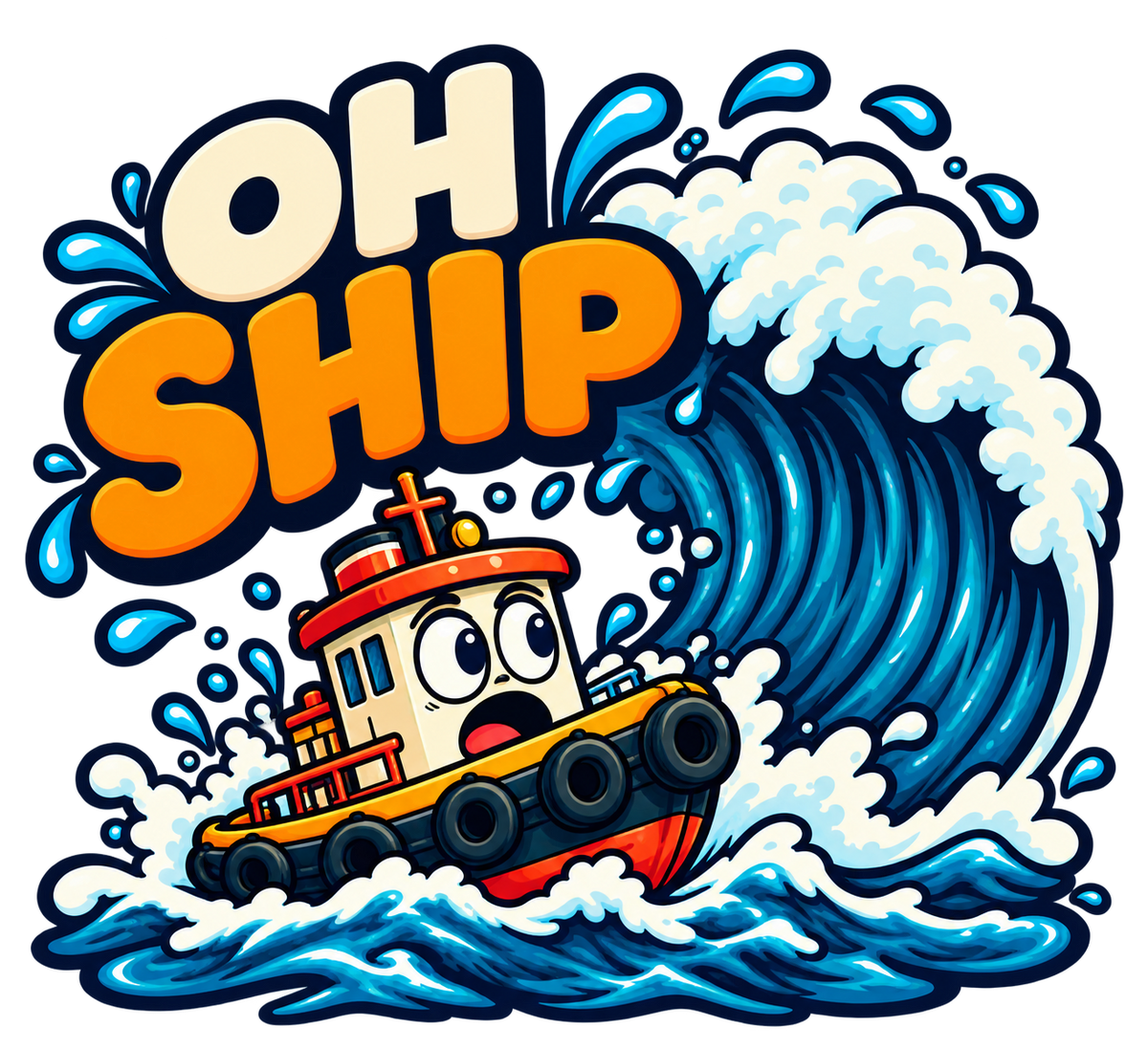 Cartoon tugboat riding a blue wave below Oh Ship lettering.
