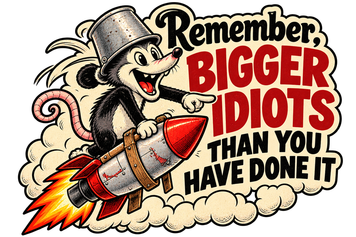 Bucket-helmeted possum riding a rocket beside Remember, bigger idiots than you have done it.