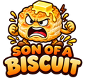 Angry cartoon biscuit topped with butter above Son of a Biscuit lettering.