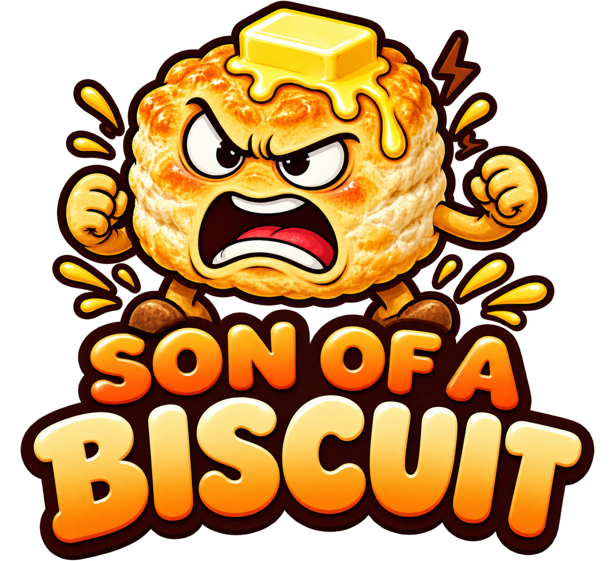 Angry cartoon biscuit topped with butter above Son of a Biscuit lettering.
