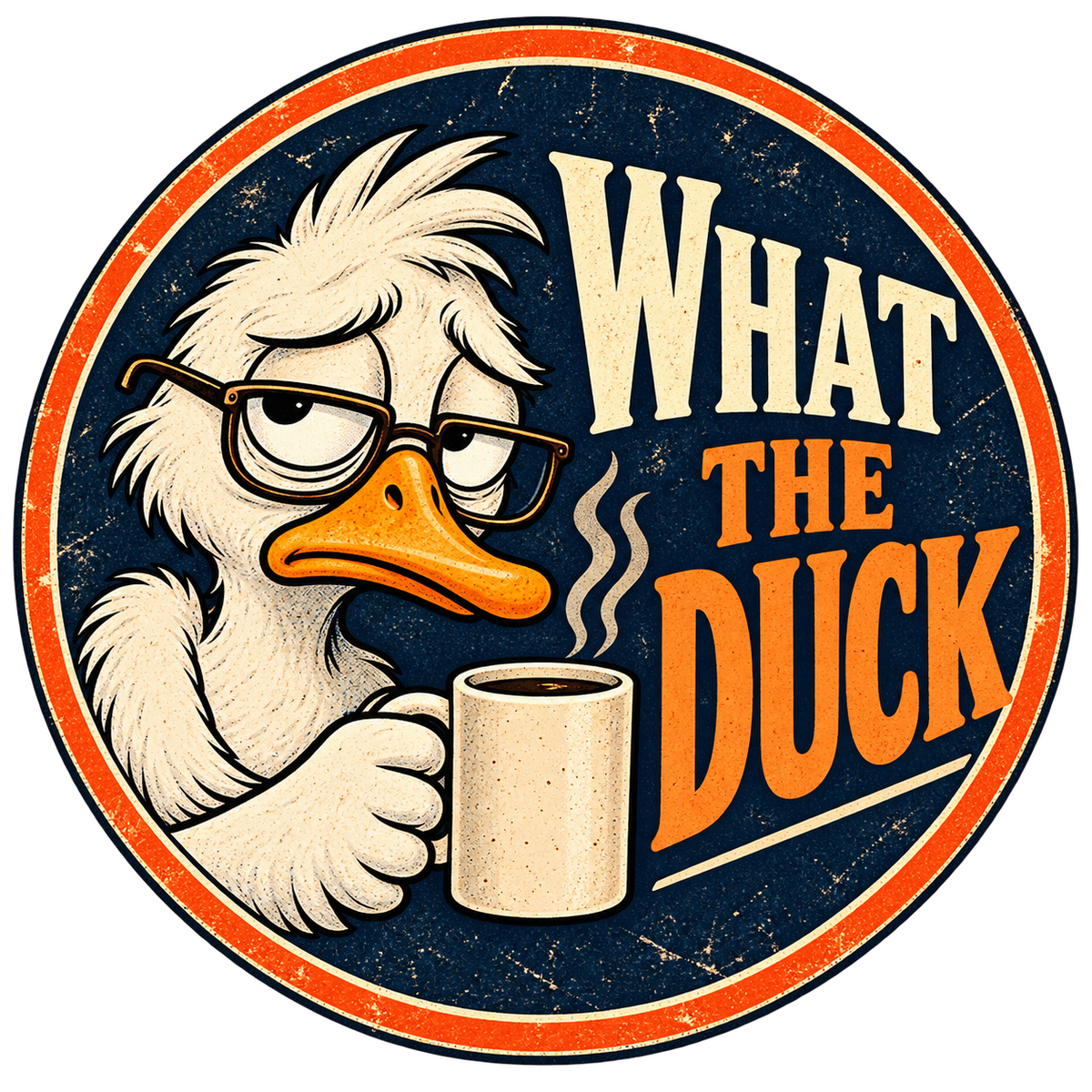 Annoyed duck wearing glasses and holding coffee beside What the Duck lettering.