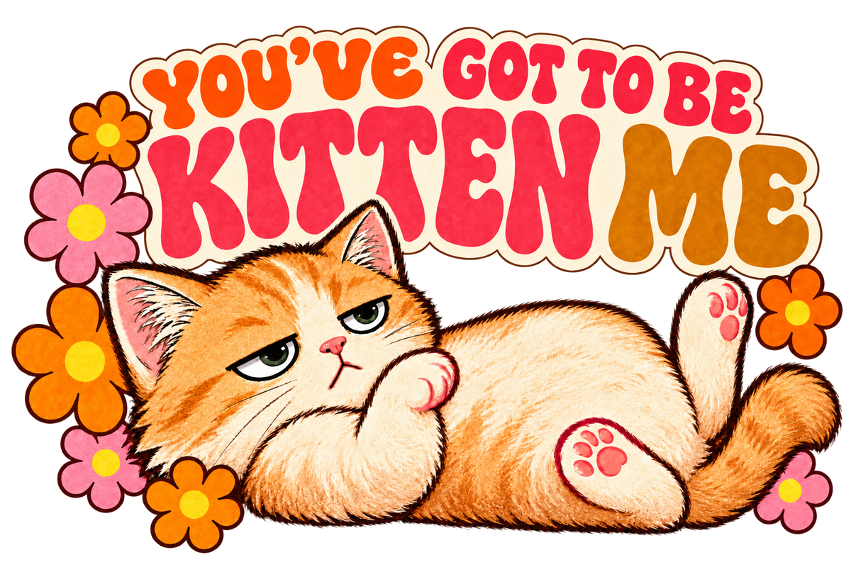 Reclining orange cat surrounded by flowers beneath You’ve Got to Be Kitten Me.