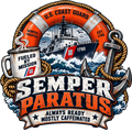 Semper Paratus Always Ready Mostly Caffeinated sticker with a cutter, orange life ring, anchor, rope and steaming mug
