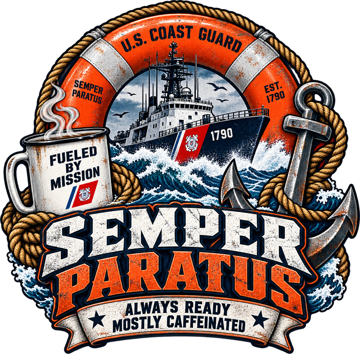 Semper Paratus Always Ready Mostly Caffeinated sticker with a cutter, orange life ring, anchor, rope and steaming mug
