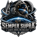 Semper Supra Always Above the Bullshit sticker with a space helmet, Earth, moon and silver lettering