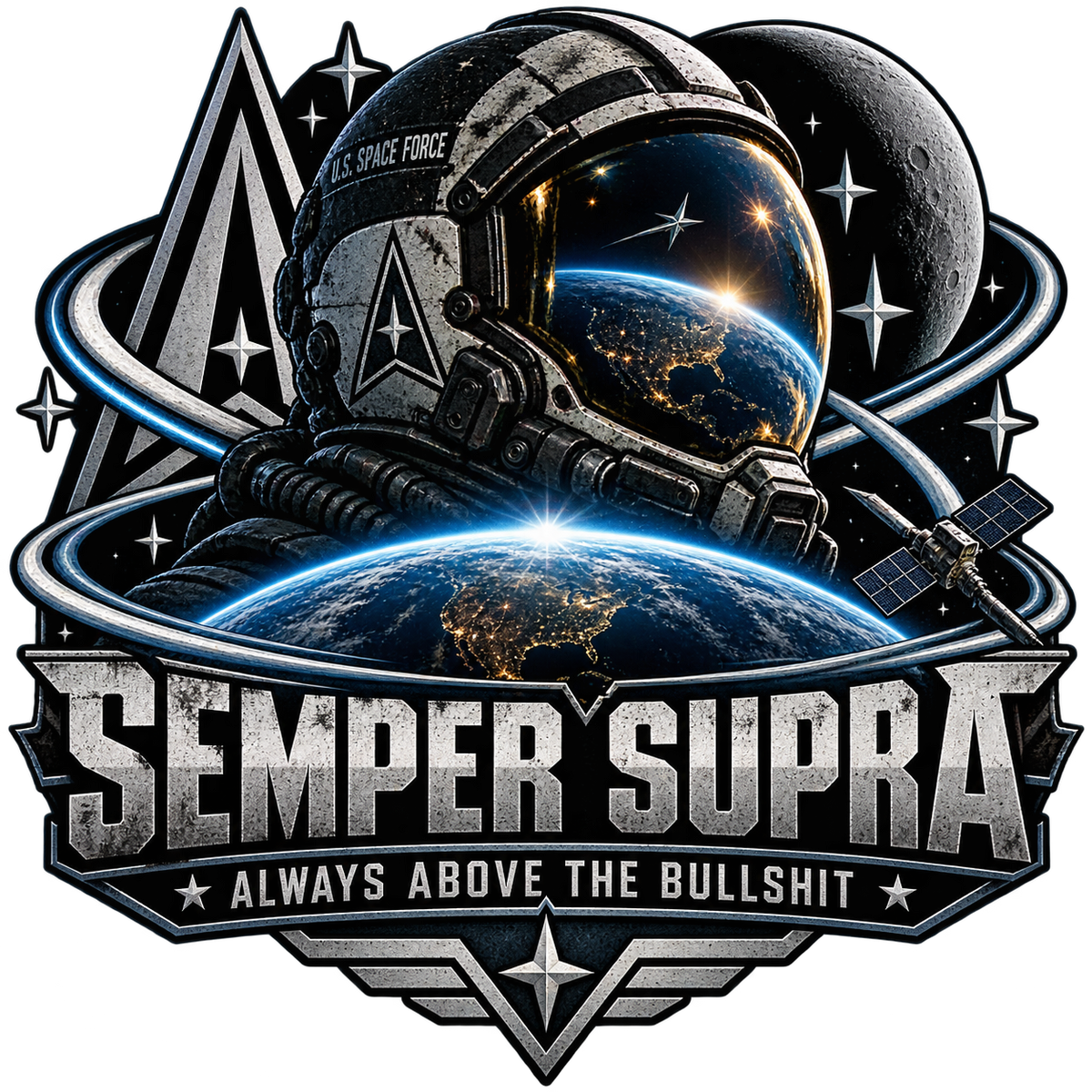 Semper Supra Always Above the Bullshit sticker with a space helmet, Earth, moon and silver lettering