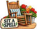 Sit a Spell sticker with a wooden rocking chair, iced tea, and red porch flowers