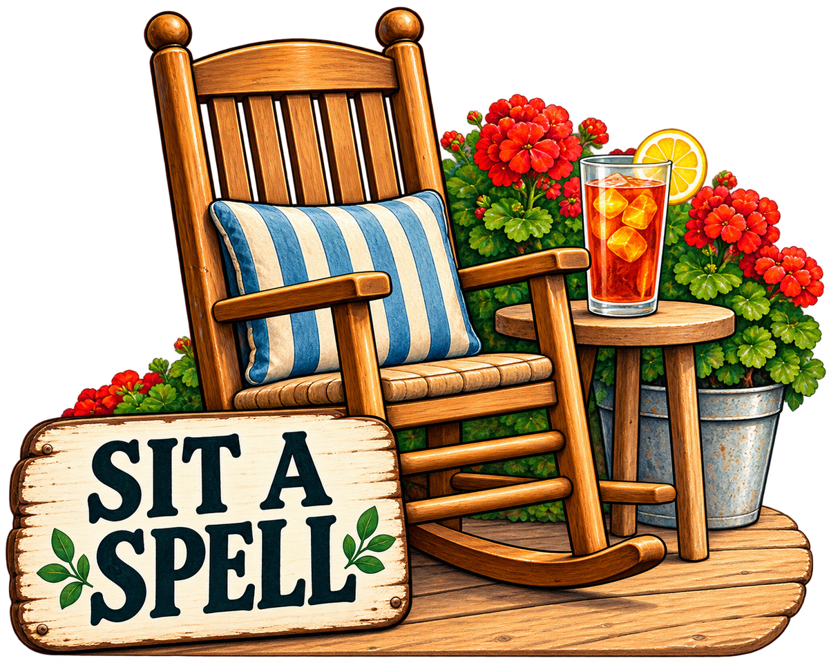 Sit a Spell sticker with a wooden rocking chair, iced tea, and red porch flowers