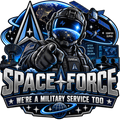 Space Force We're a Military Service Too sticker with a pointing astronaut-style figure, blue orbital trails and satellites