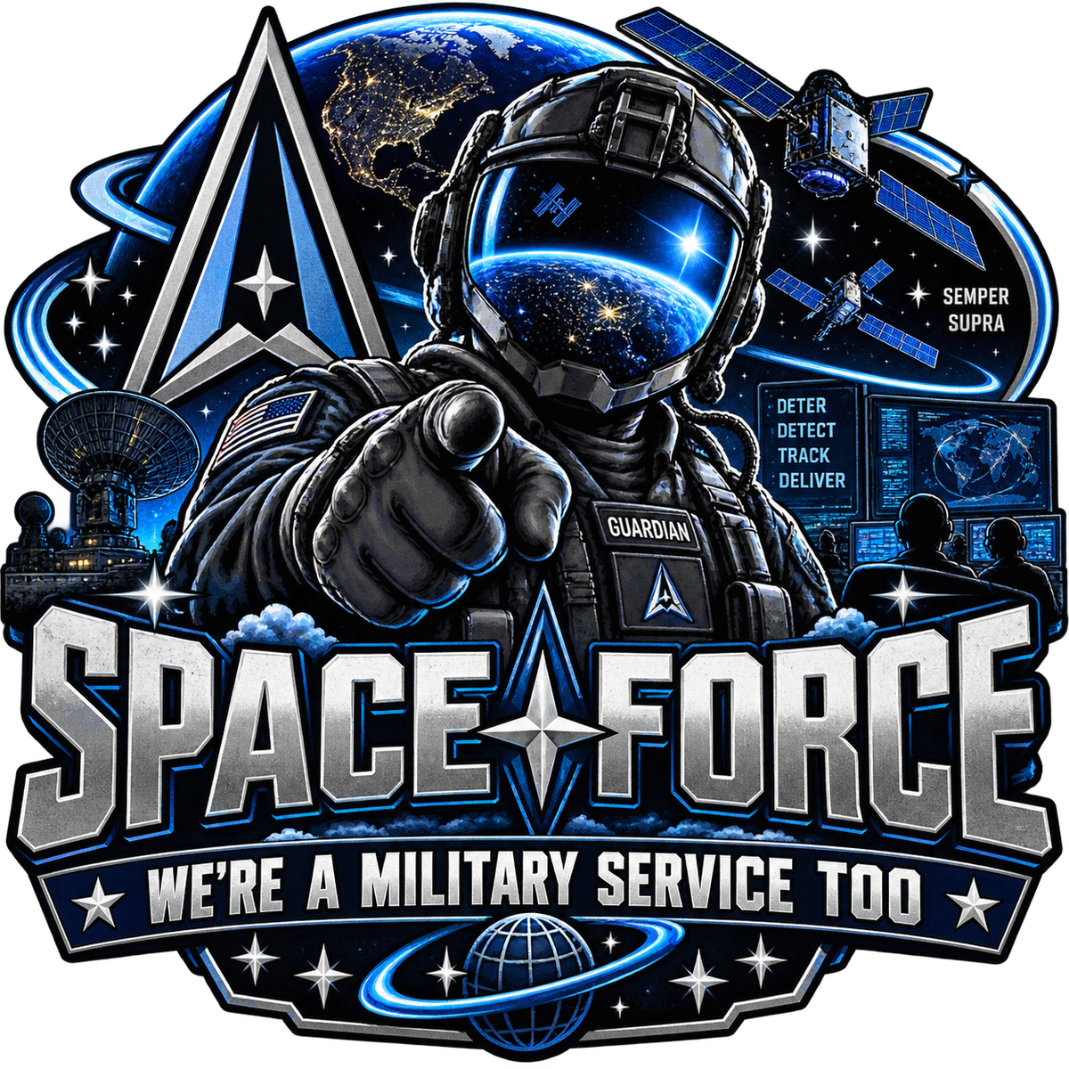 Space Force We're a Military Service Too sticker with a pointing astronaut-style figure, blue orbital trails and satellites