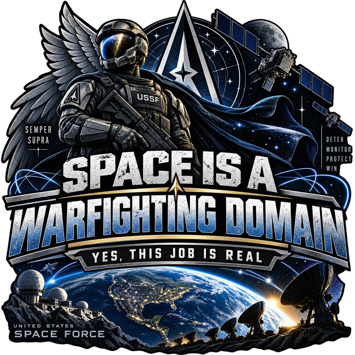 Space Is a Warfighting Domain Yes This Job Is Real sticker with a futuristic armored figure, satellites and Earth