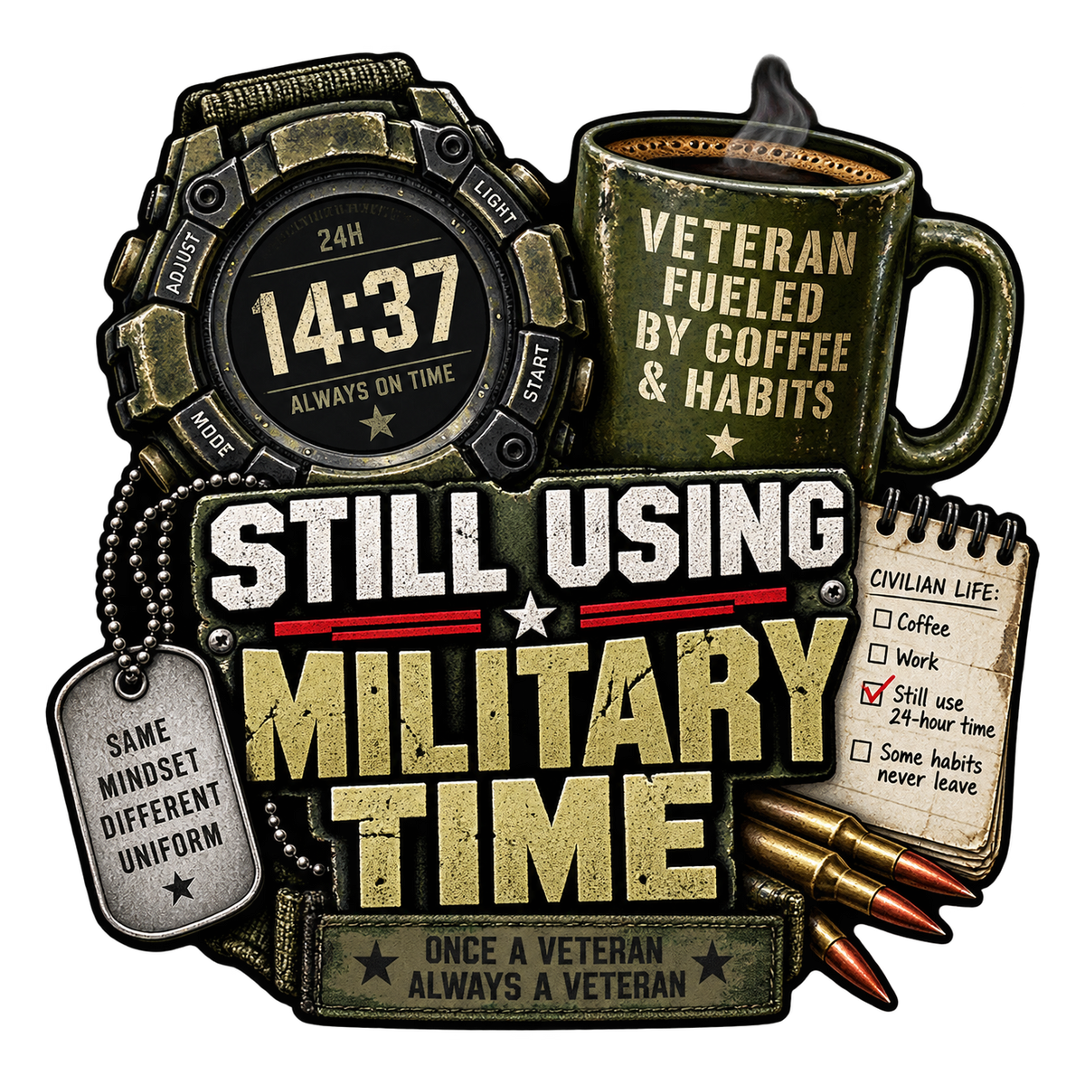 Still Using Military Time with a rugged 14:37 watch, coffee mug, dog tags and notebook