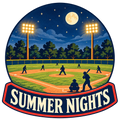 Summer Nights sticker showing a baseball game under stadium lights, a moon, and stars