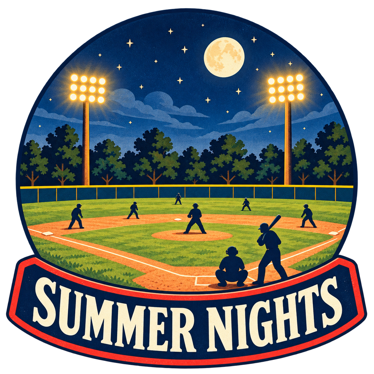 Summer Nights sticker showing a baseball game under stadium lights, a moon, and stars