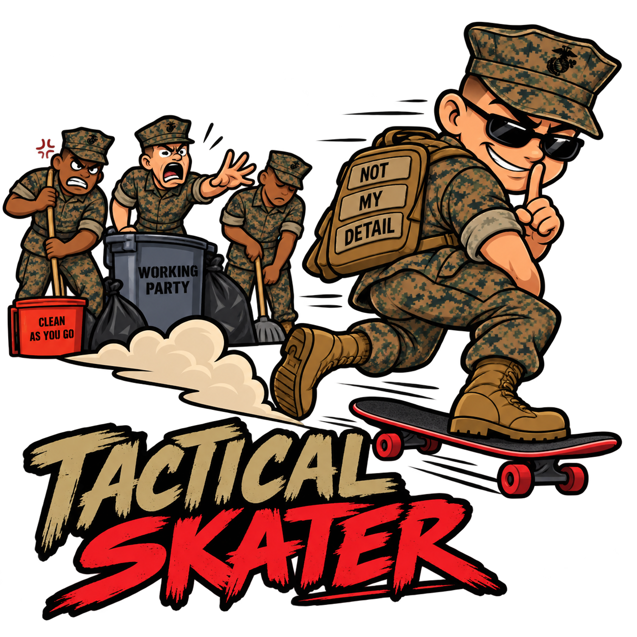 Tactical Skater USMC humor sticker with Marine escaping a working party