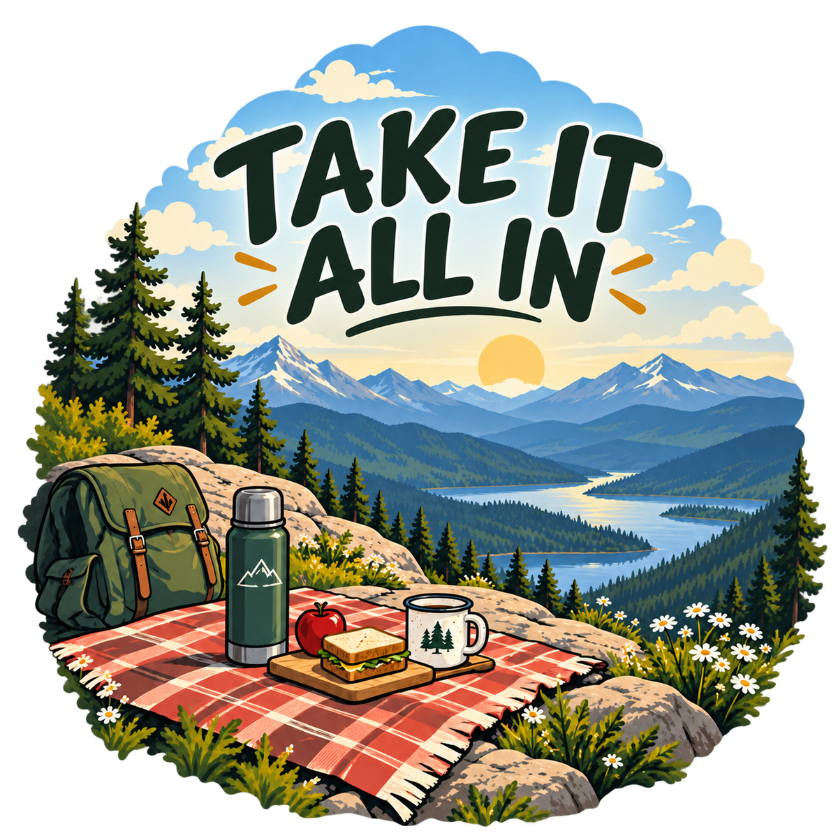 Take It All In mountain picnic sticker overlooking a lake and distant peaks
