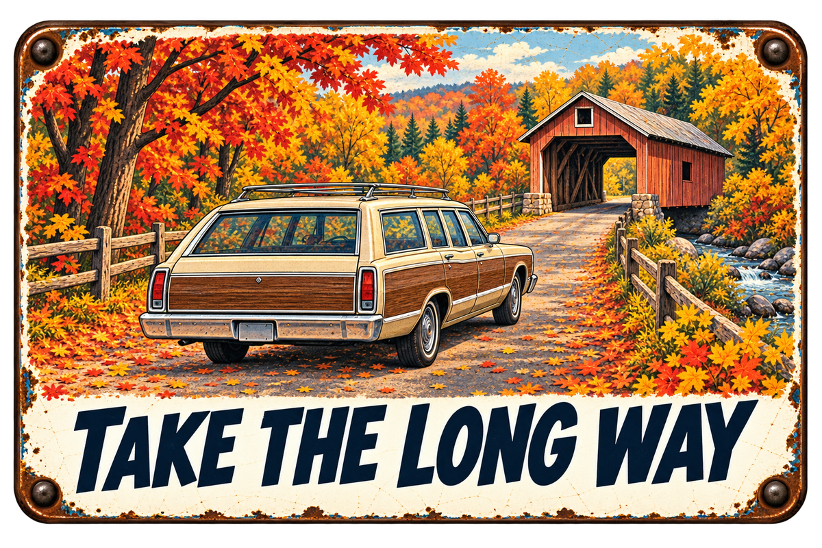 Take the Long Way autumn sticker with a wood-paneled station wagon, colorful leaves, creek, and covered bridge