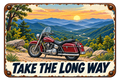 Take the Long Way sticker with a touring motorcycle parked at a Blue Ridge mountain overlook