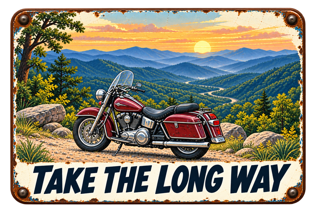 Take the Long Way sticker with a touring motorcycle parked at a Blue Ridge mountain overlook