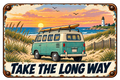 Take the Long Way coastal sticker with a vintage microbus, surfboard, beach dunes, and lighthouse
