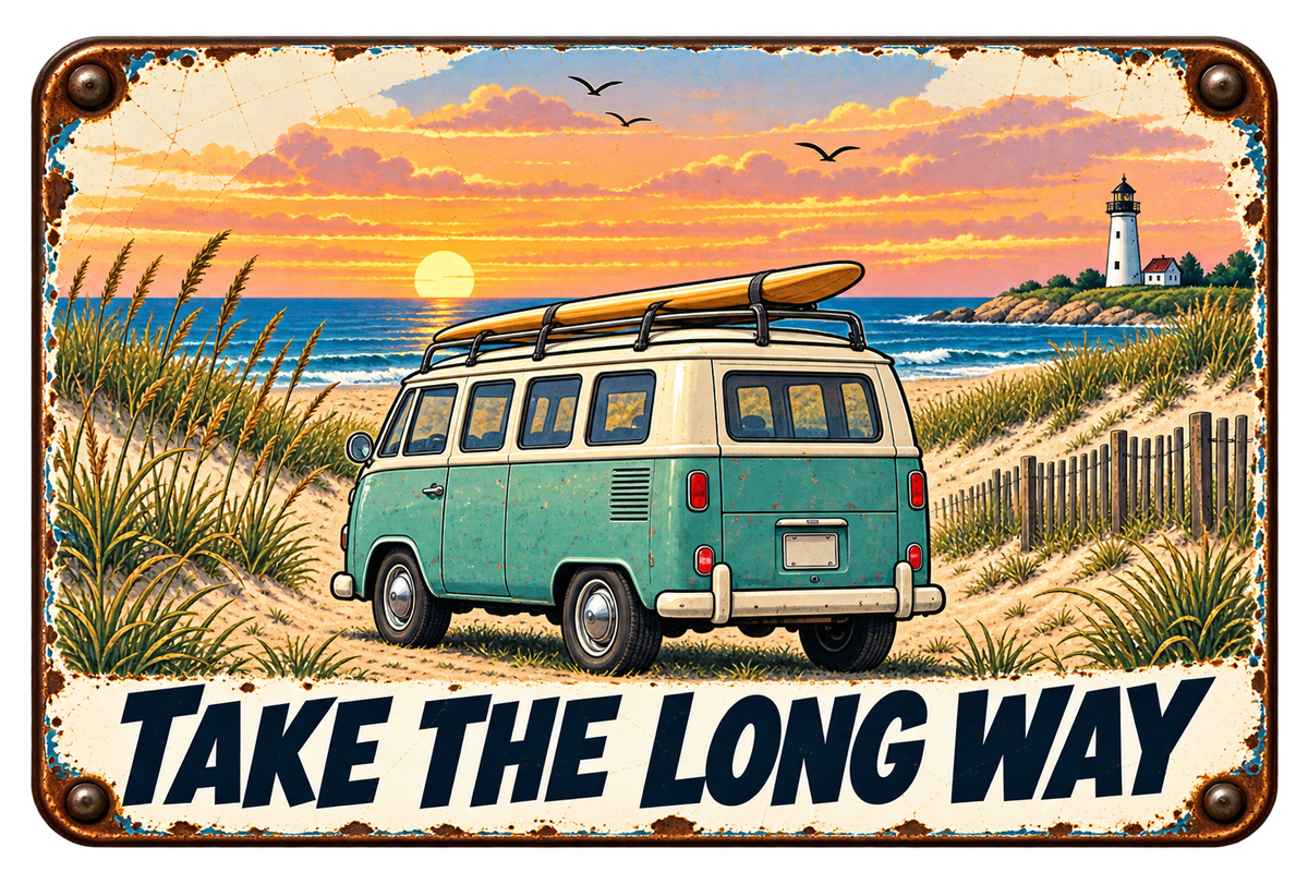 Take the Long Way coastal sticker with a vintage microbus, surfboard, beach dunes, and lighthouse