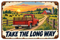 Take the Long Way sticker with a red vintage farm truck, green pasture, and a red barn