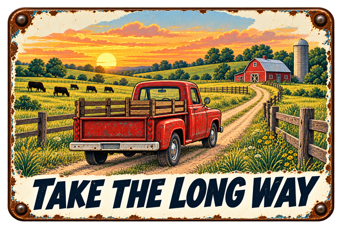 Take the Long Way sticker with a red vintage farm truck, green pasture, and a red barn