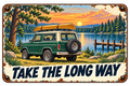 Take the Long Way sticker with a green vintage SUV, rooftop canoe, pine trees, and a calm lake