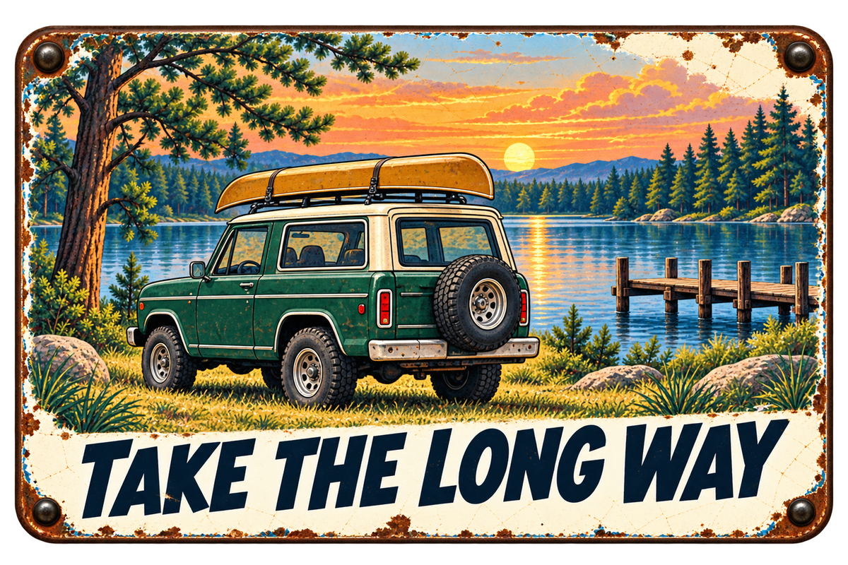 Take the Long Way sticker with a green vintage SUV, rooftop canoe, pine trees, and a calm lake
