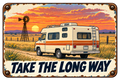 Take the Long Way sticker with a vintage motorhome, golden prairie grass, windmill, and sunset