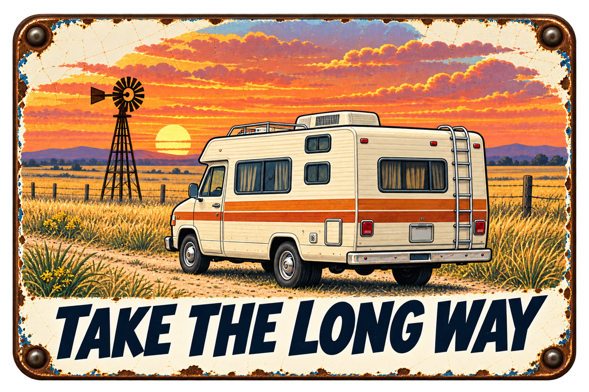Take the Long Way sticker with a vintage motorhome, golden prairie grass, windmill, and sunset