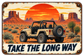 Take the Long Way desert sticker with an open-top 4x4, red mesas, and an orange sunset
