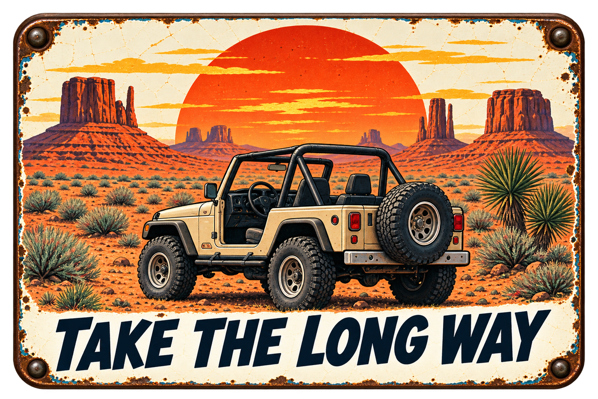 Take the Long Way desert sticker with an open-top 4x4, red mesas, and an orange sunset