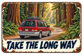 Take the Long Way sticker with a family minivan and rooftop luggage box on a redwood forest road