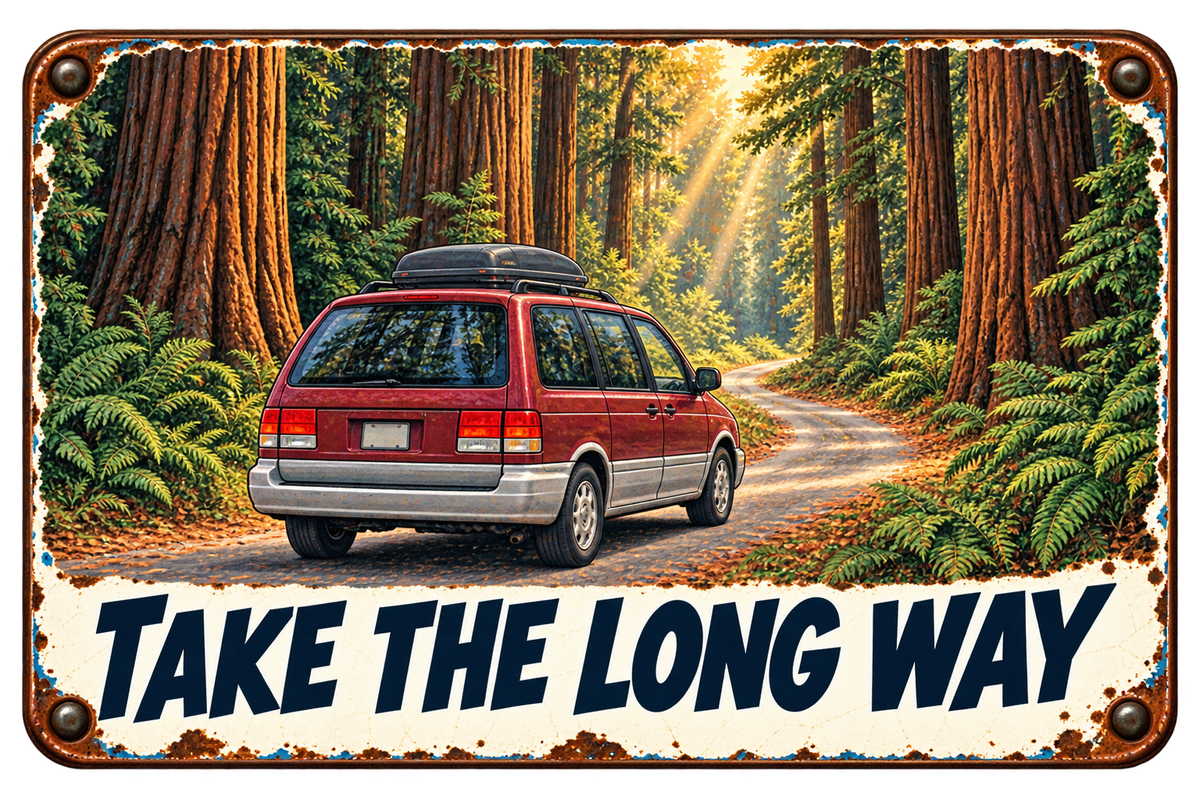 Take the Long Way sticker with a family minivan and rooftop luggage box on a redwood forest road