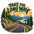 Take the Long Way scenic road sticker with winding mountain highway and sunset