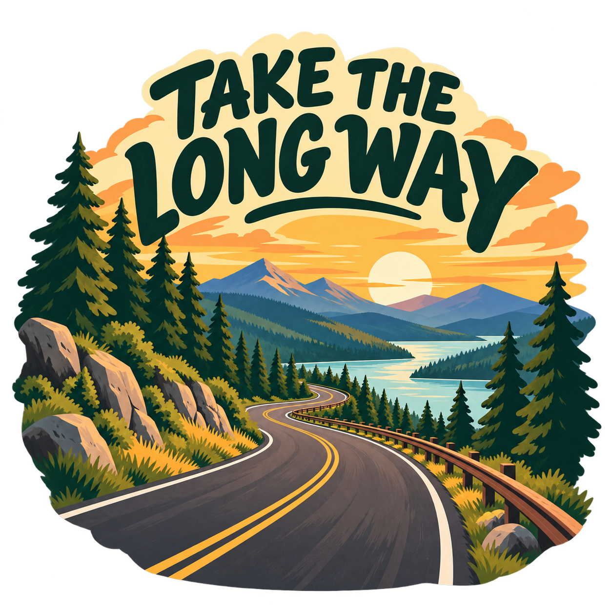 Take the Long Way scenic road sticker with winding mountain highway and sunset