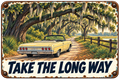 Take the Long Way sticker with a yellow classic convertible beneath moss-draped Southern live oaks