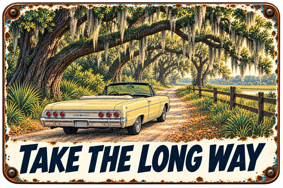 Take the Long Way sticker with a yellow classic convertible beneath moss-draped Southern live oaks