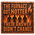 Copper-effect rectangular artwork with four shadowy figures in a fiery furnace and the words The furnace got hotter. Their answer didn’t change.